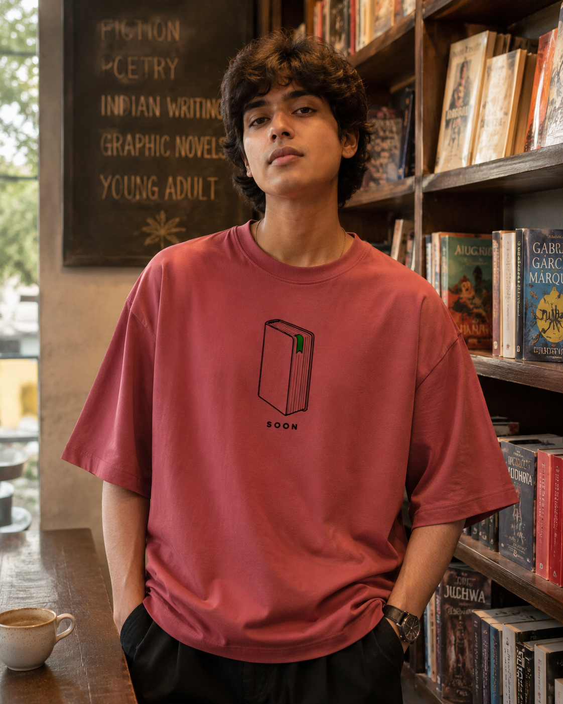 Back view of Bookmark on Page Three Oversized Graphic T-Shirt in heavyweight cotton