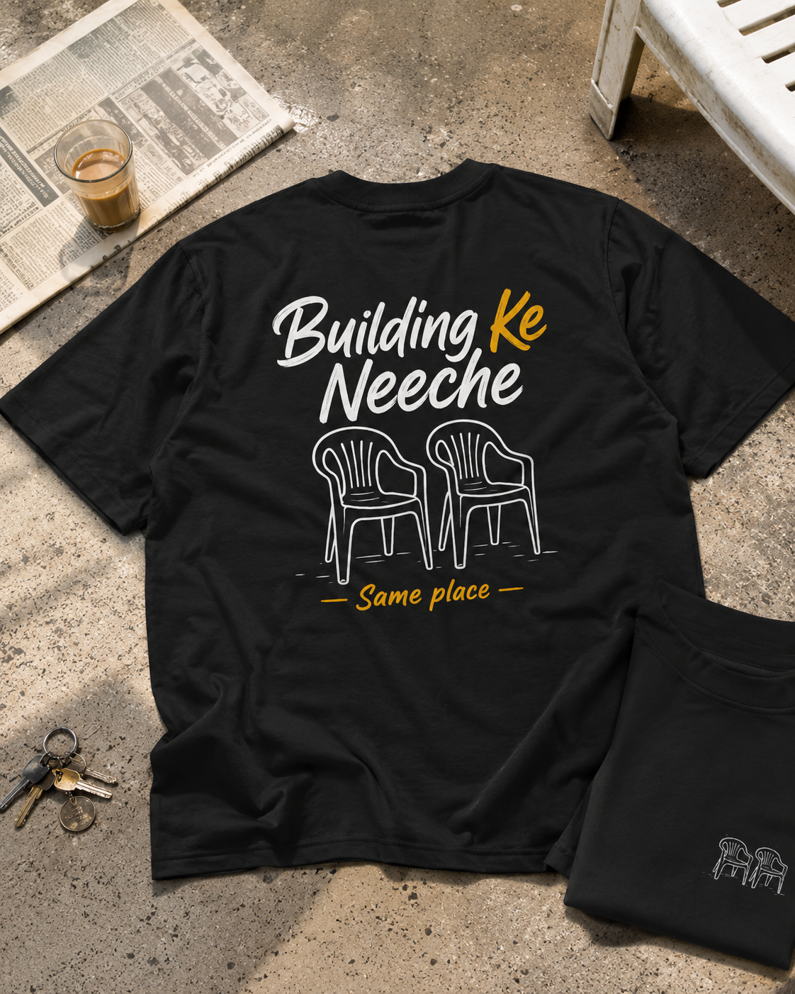 Oversized fit detail of Building Ke Neeche Graphic T-Shirt with dropped shoulders