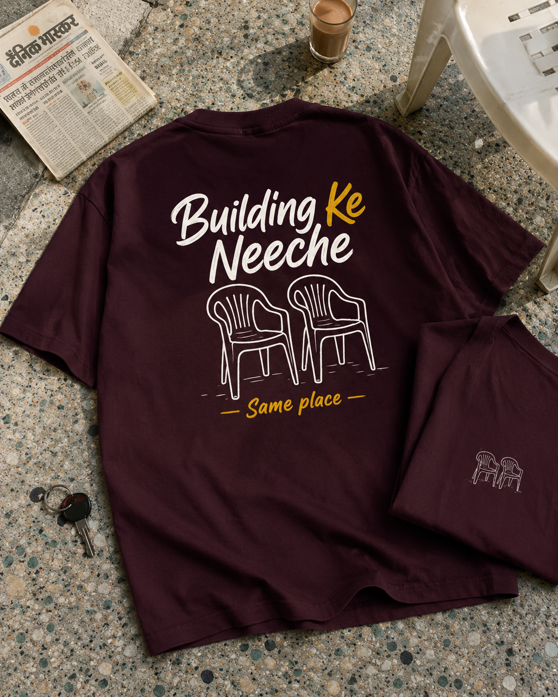 Front view of Building Ke Neeche Oversized Graphic T-Shirt with relaxed unisex fit