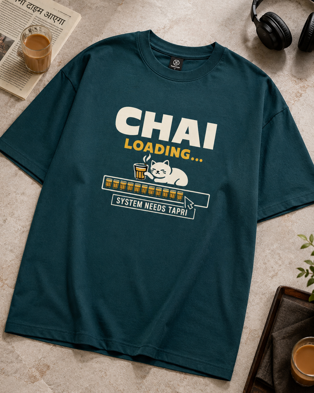 Petrol Blue Chai Loadin oversized T-shirt with dropped shoulders