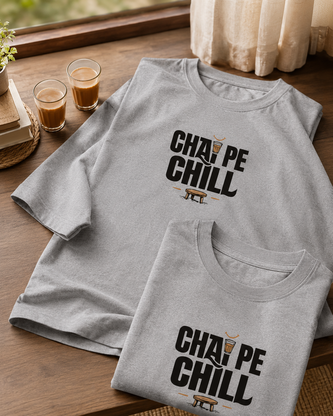 Oversized fit detail of Chai Pe Chill Pastel Graphic T-Shirt with dropped shoulders