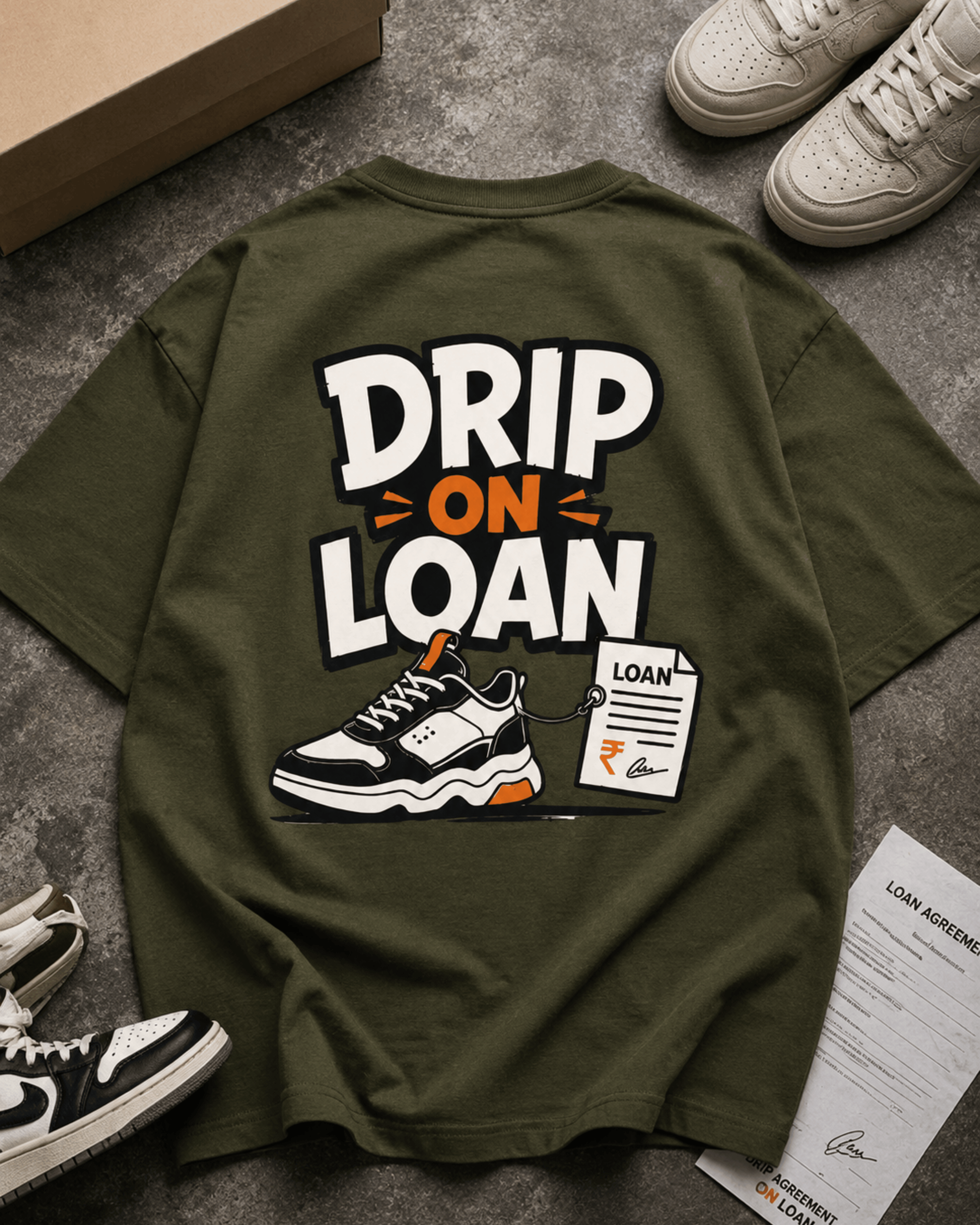 Drip On Loan oversized T-shirt colour options in navy blue black and olive green