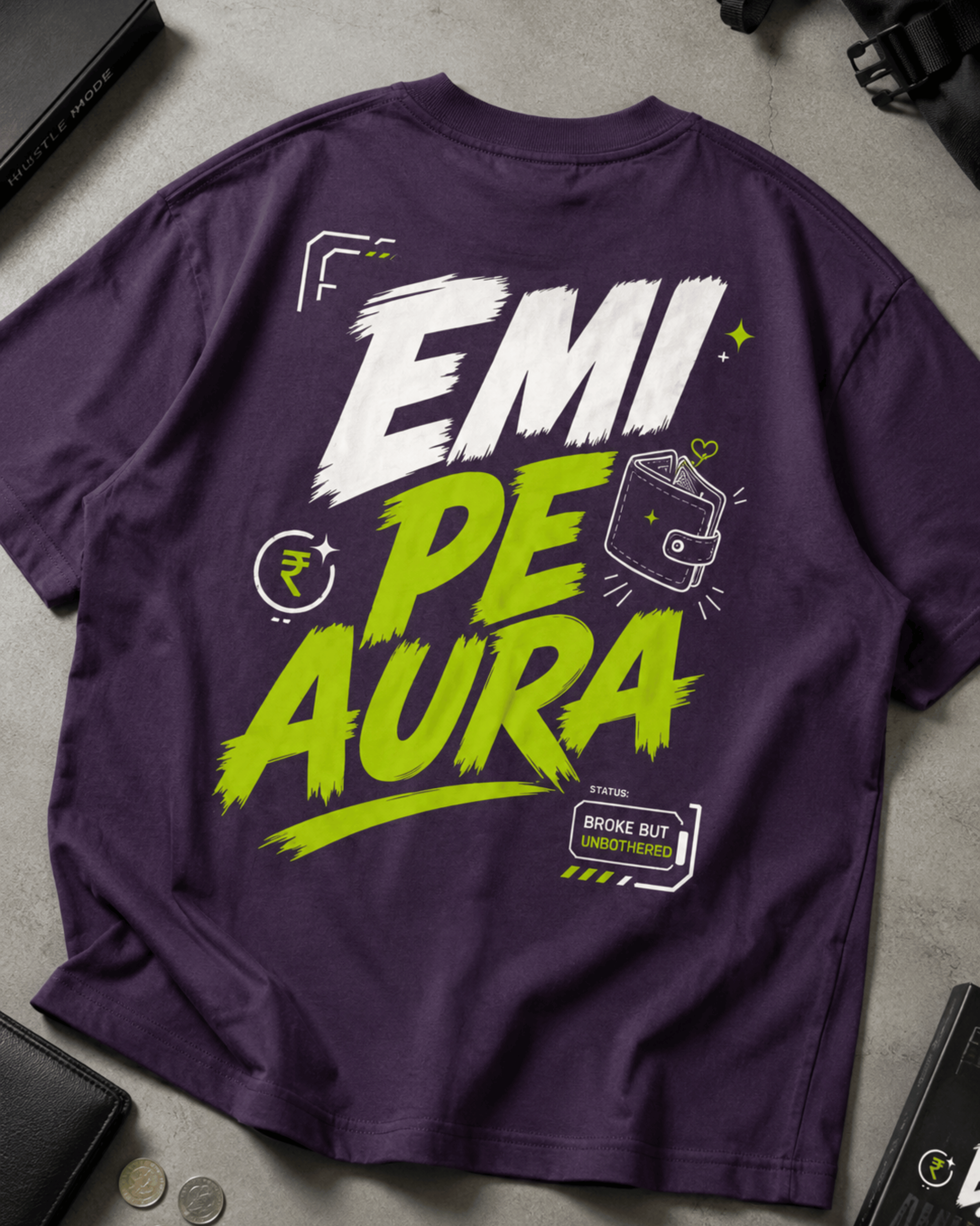 EMI Pe Aura oversized T-shirt colour options in maroon black navy blue and purple