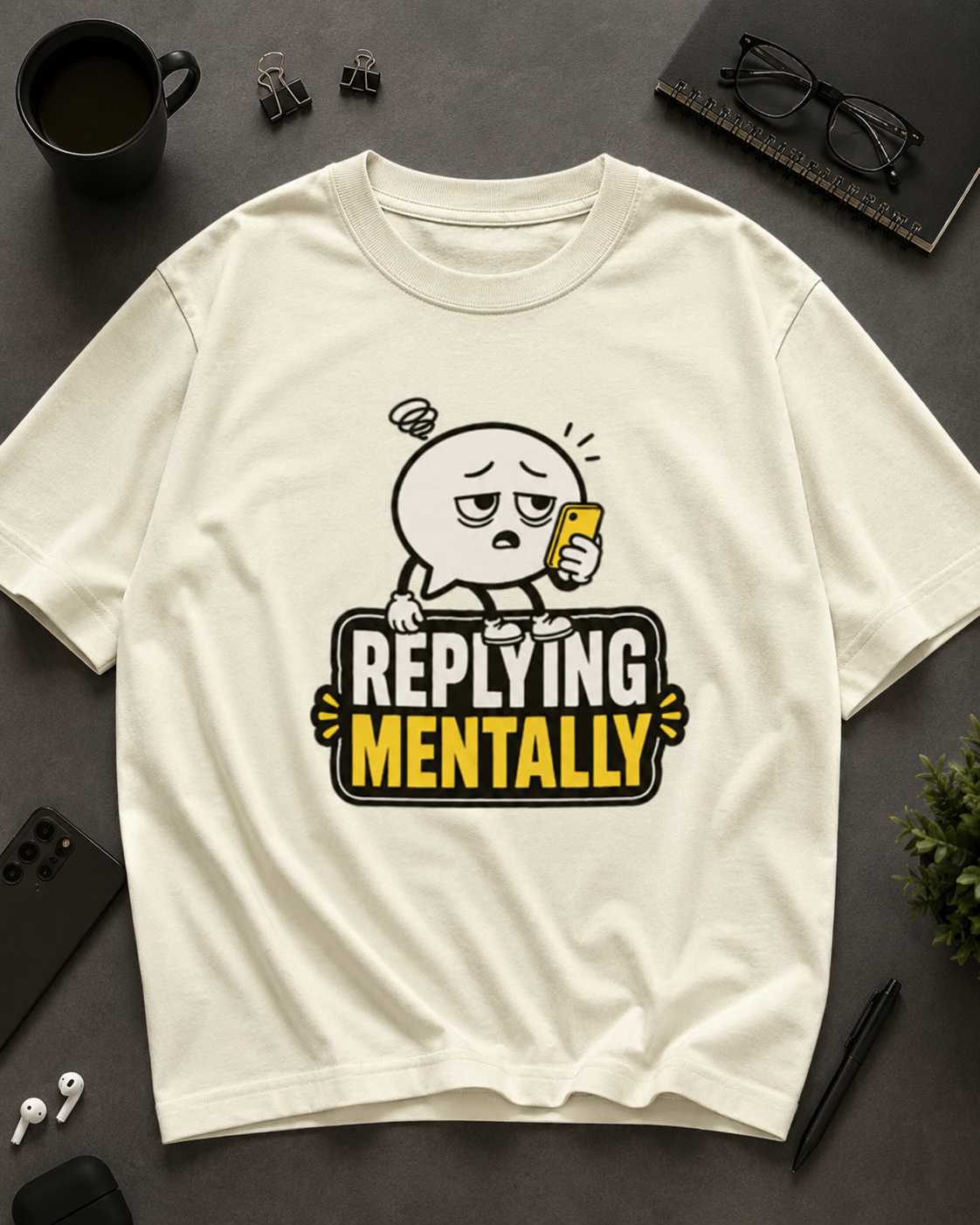 Replying Mentally oversized T-shirt colour options in black coral navy blue gray and cream