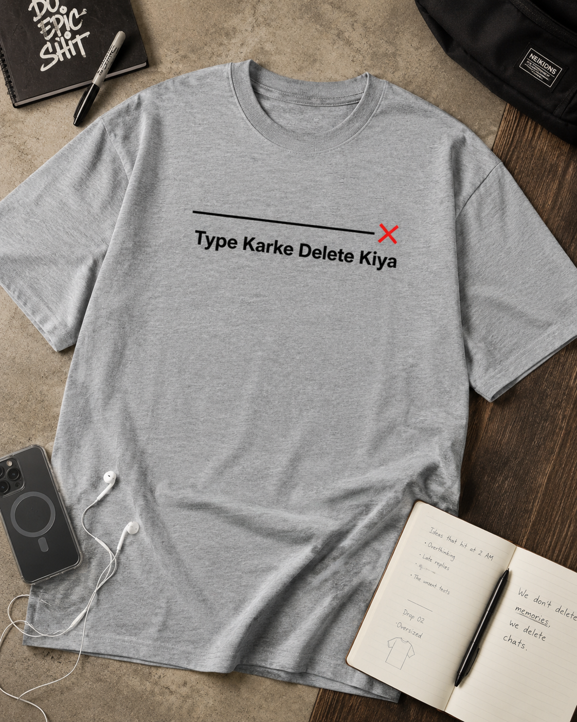 Type Karke Delete Kiya Oversized Graphic T-Shirt in Gray color option